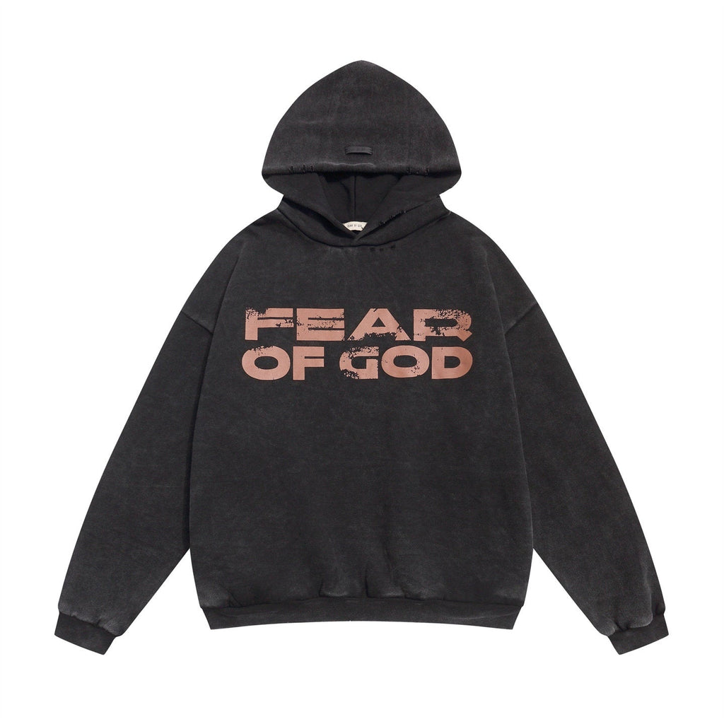 FEAR OF GOD FOG Main Line Cracked Letter Print Washed Ripped Fleece‑Lined Unisex Hoodie